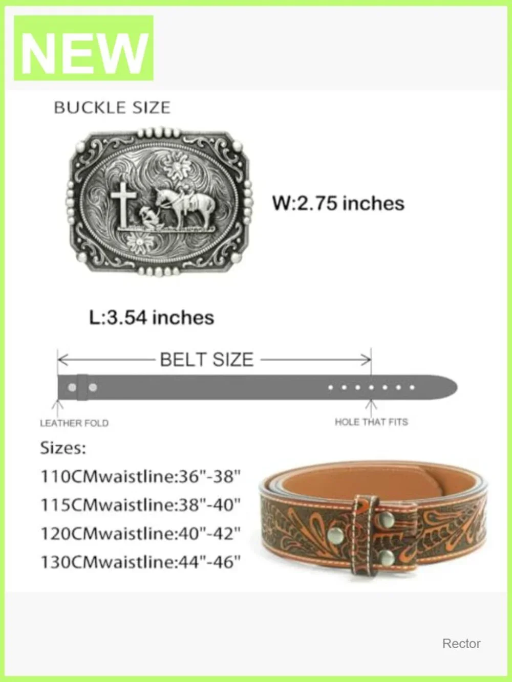 Genuine Leather Western Belt with Cross Prayer Buckle 1.5